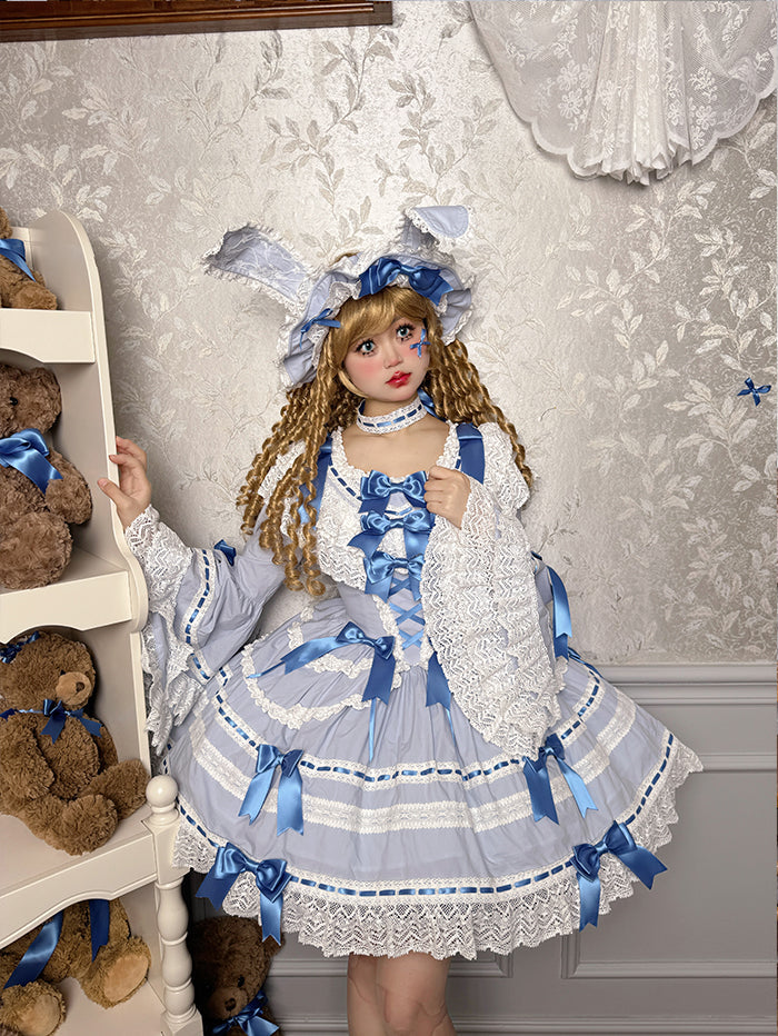 Blue/White Rabbit Sleeping Doll Long Trumpet Sleeves Ruffle Bowknot Lace Sweet Lolita Dress