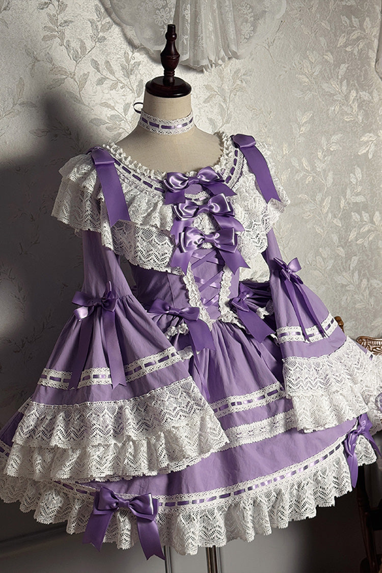 Purple Rabbit Sleeping Doll Long Trumpet Sleeves Ruffle Bowknot Lace Sweet Lolita Dress