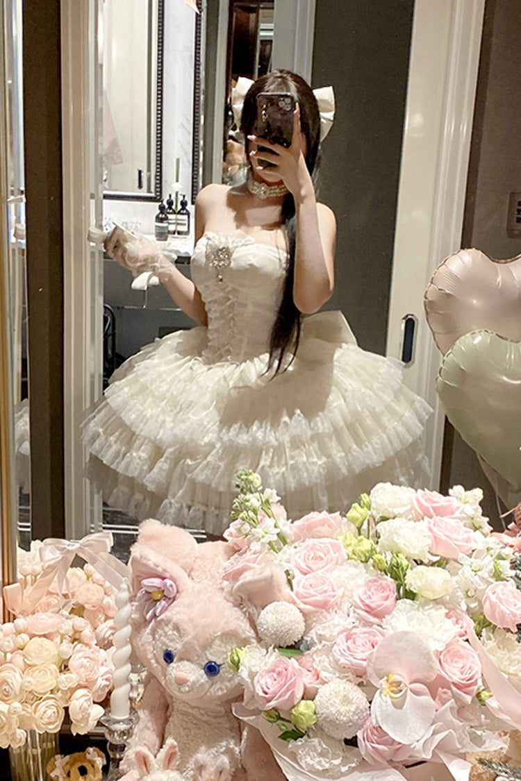 Beige Heartbeat at First Sight Off Shoulder Sleeveless Multi-Layered Ruffle Bowknot Lace Lace-Up Sweet Princess Gorgeous Lolita Dress