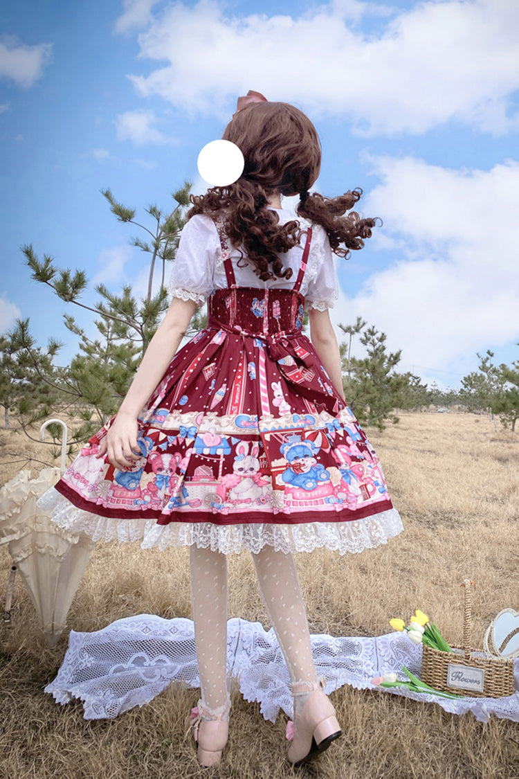Wine Red Doll Playground Print Ruffle Bowknot Sweet Lolita Jsk Dress