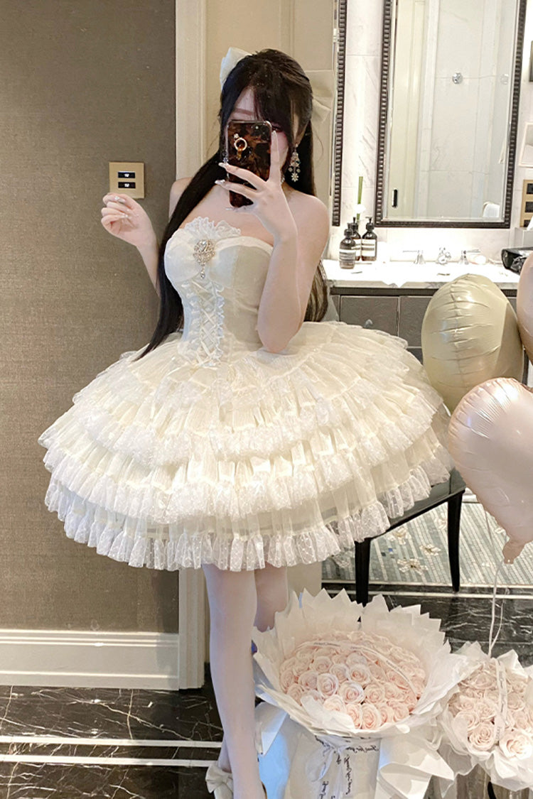 Beige Heartbeat at First Sight Off Shoulder Sleeveless Multi-Layered Ruffle Bowknot Lace Lace-Up Sweet Princess Gorgeous Lolita Dress