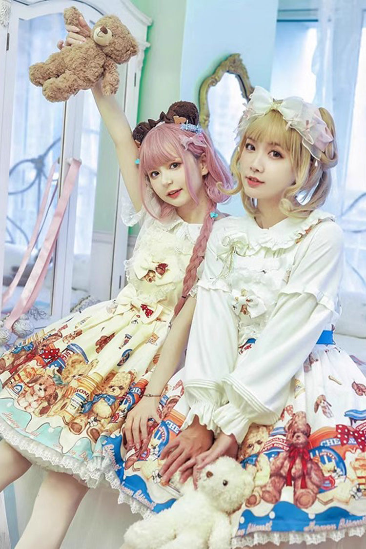 Honey Bear Cafe Print Bowknot Lace Sweet Lolita Jsk Dress 2 Colors