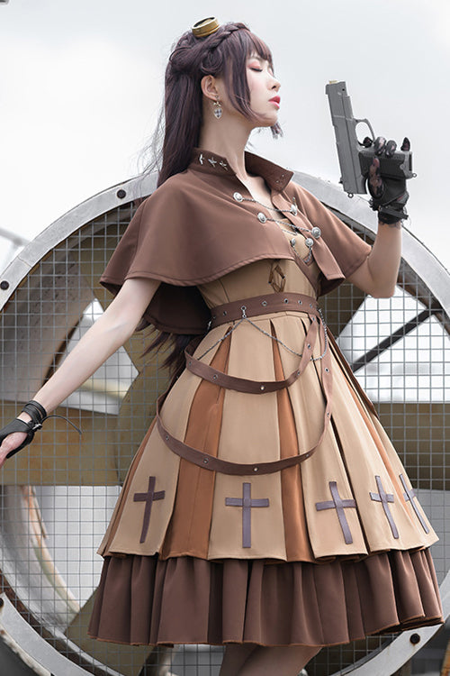 Brown Retro Military Style Dawn Classic Lolita JSK Dress Full Set