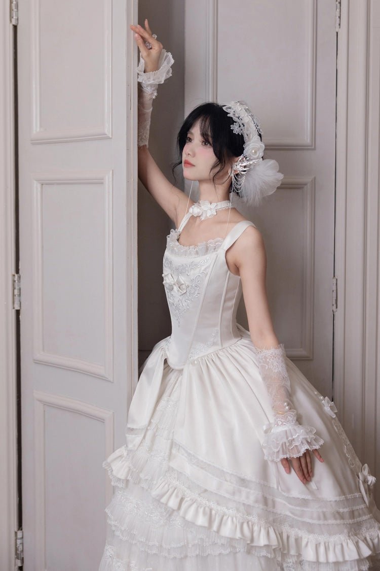 White Promise of the Rose Multi-Layered Ruffled Hanayome Open-Front Bow Sweet Gorgeous Lolita Jsk Dress Set
