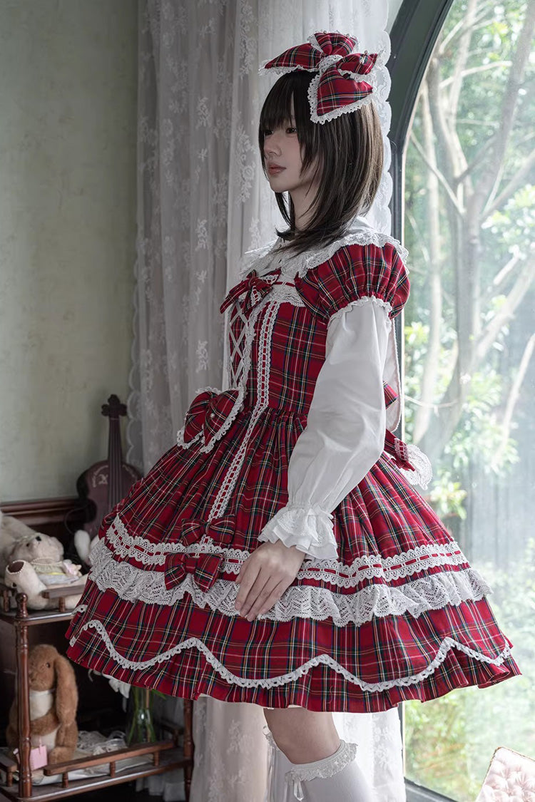 Red Gingham Petal Bunny Short Sleeves Printed Ruffled Bow Sweet Lolita OP Dress