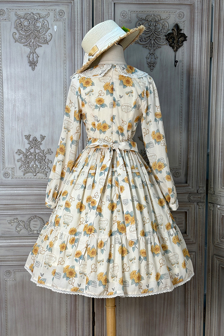 Apricot Gardening Sunflower Long Sleeves Print Ruffle Bowknot Sweet Elegant Lolita Dress