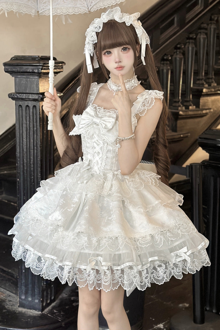 White Fleishi Island Sleeveless Ruffle Bowknot Lace Slim Sweet Ballet Lolita Jsk Dress