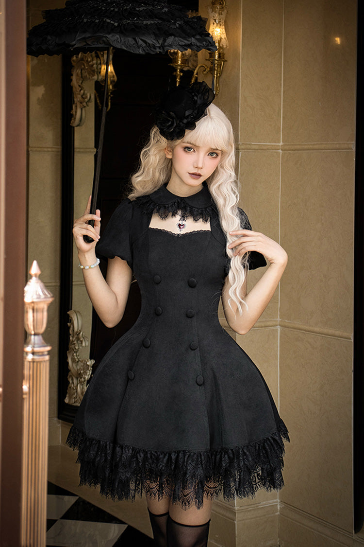 Black Midnight Whisper Double-breasted Short Sleeves Hollow Gothic Lolita Dress