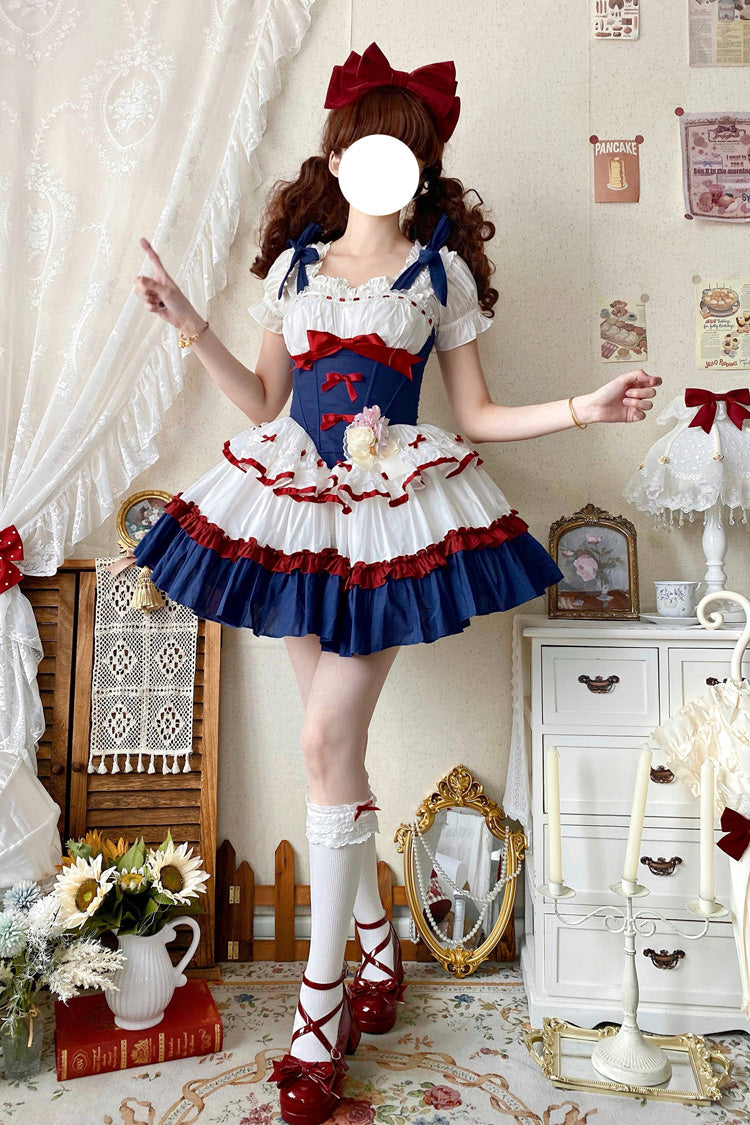 Red/White/Blue Fairy Tale Overture Triple-Layered Ruffle Bowknot Fishbone Sweet Ballet Lolita Dress