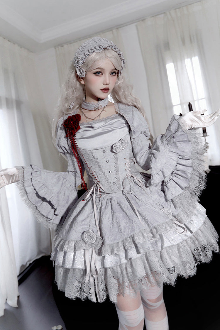 Silver Grey Twilight Multi-Layered Ruffle Hollow Lace Gothic Witch Lolita Skirt