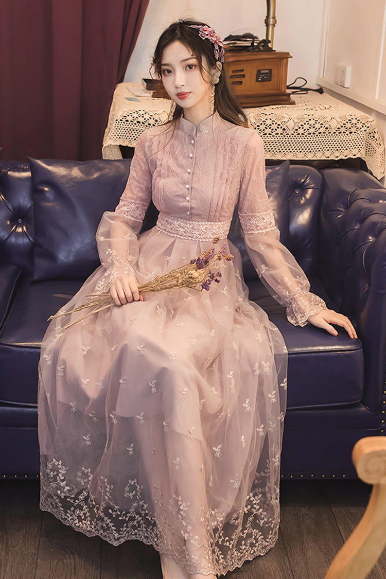 Dream Purple French Retro Lantern Sleeves High Waist Slimming Lace Embroidery Sweet Lolita OP Dress