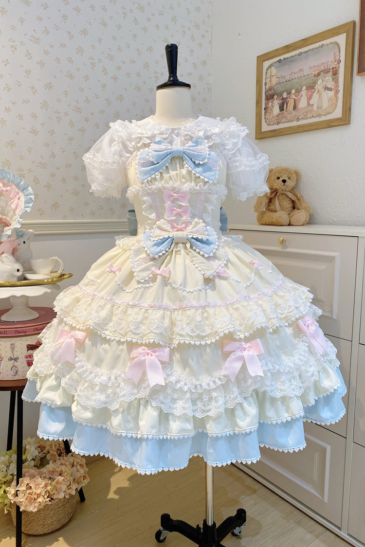 Yellow/Blue Fondant Cake Sleeveless Multi-Layered Ruffle Bowknot Lace Sweet Lolita Jsk Dress