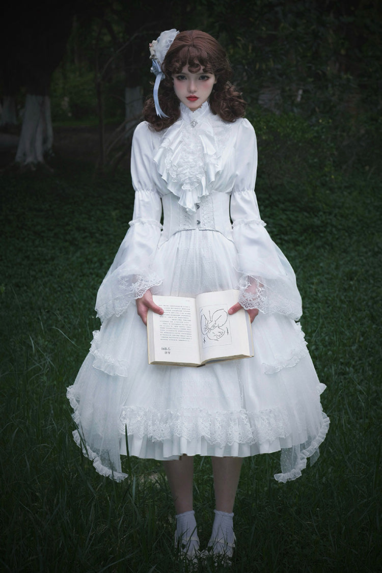 White Requiem Stand Collar Long Sleeves Ruffle Lace Gothic Lolita Dress