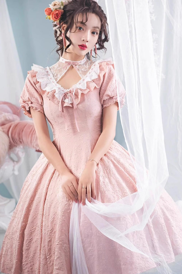 Pink Short Sleeves Ruffle Bowknot Sweet Princess Lolita Dress