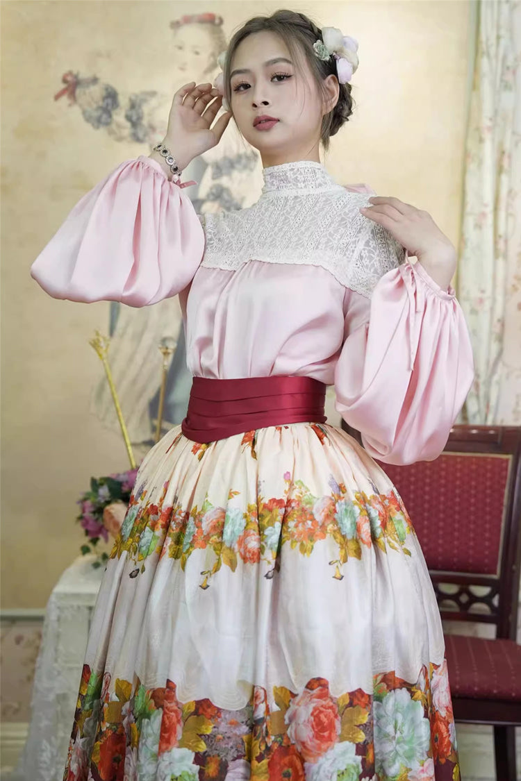 Red Rainy Season Garden Print Ruffle Sweet Classic Lolita Skirt