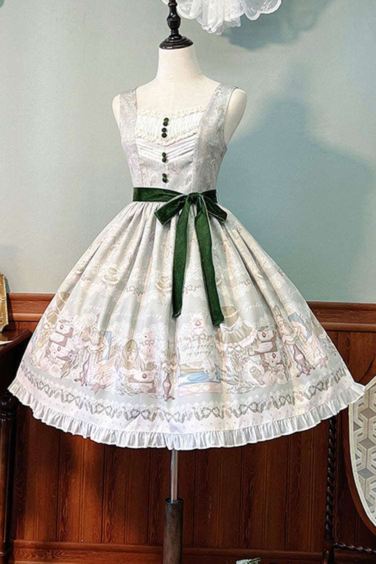 Iris Study V Collar Sleeveless Print Bowknot Lace Sweet Lolita Jumper Dress 2 Colors