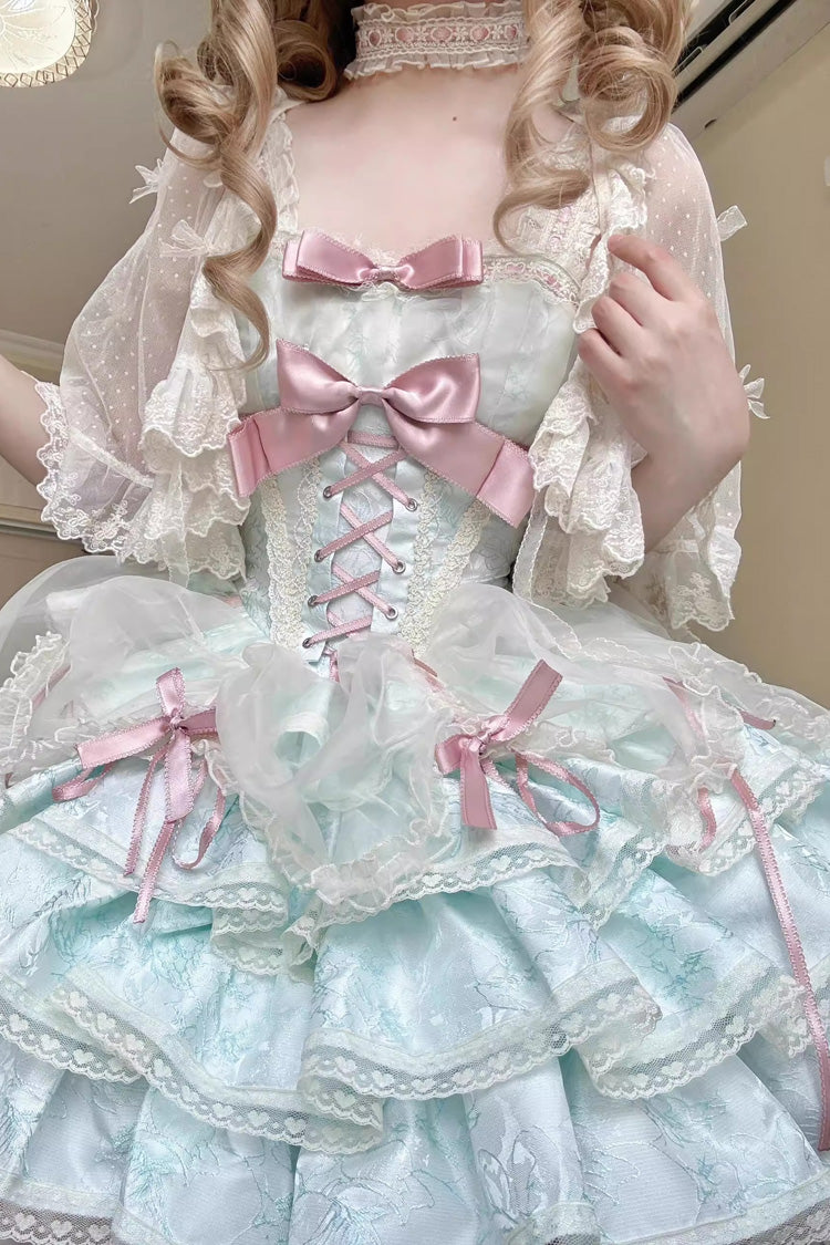Green Sleeveless Multi-layer Ruffle Bowknot Lace-Up Sweet Princess Lolita Jsk Dress
