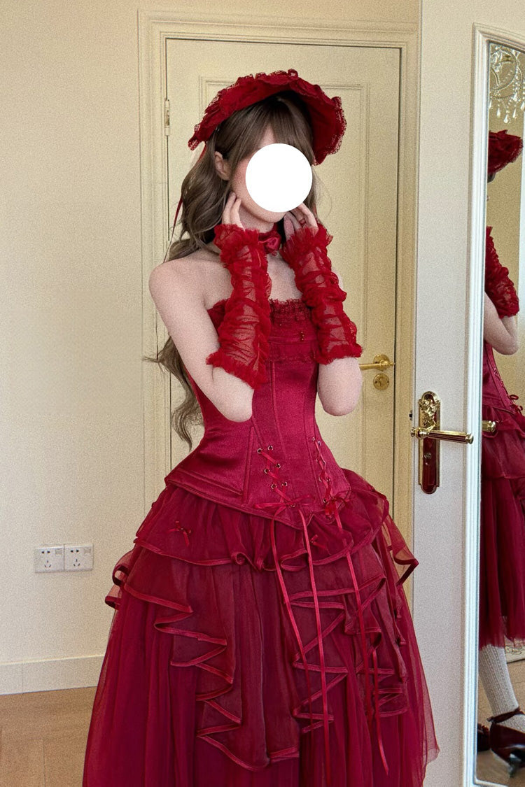 Red The Summer Waves Sparkle Square Collar Sleeveless Multi-Layered Ruffled Bow Lace-Up Slim Classic Lolita Skirt Set
