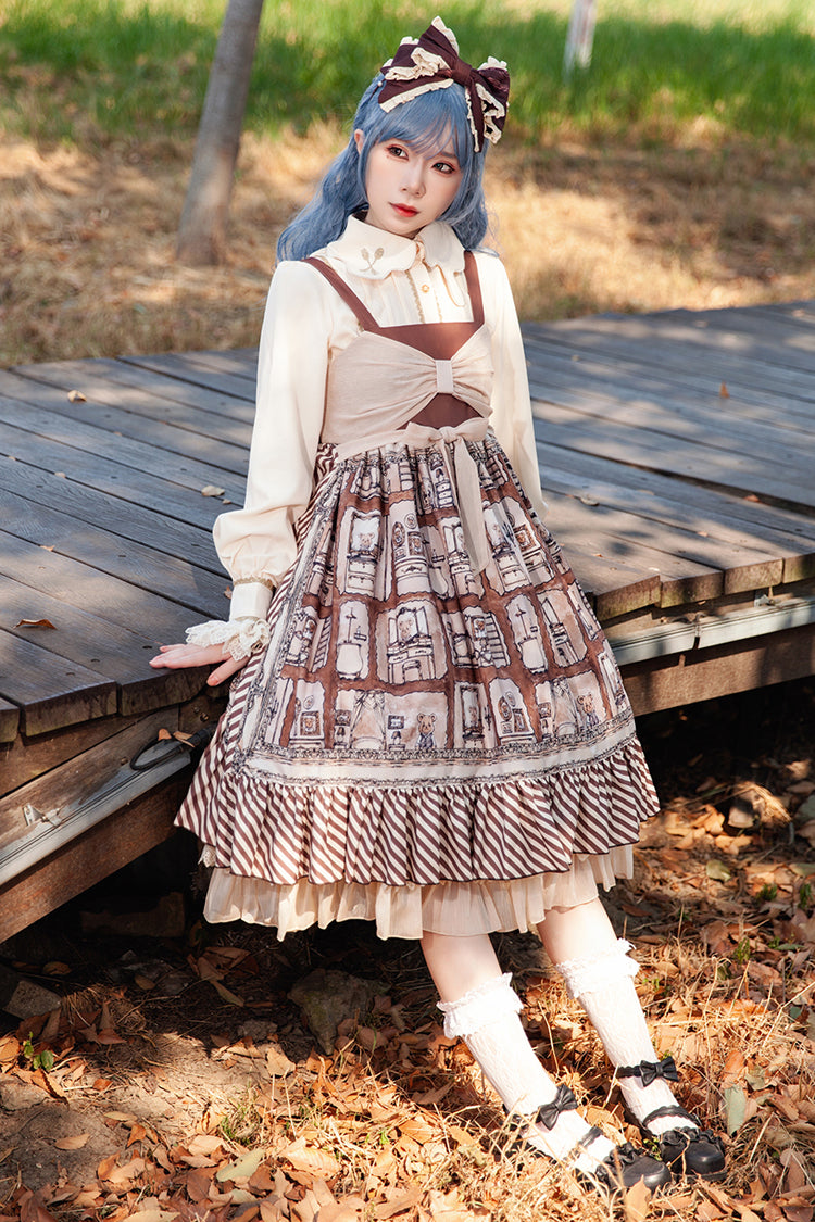 Brown Underground Bear Print Ruffle Bowknot Sweet Lolita Dress