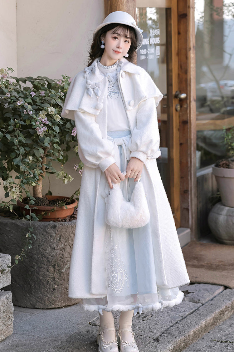 White/Blue Sunny Sky Snow Doll Long Sleeves Embroidered Bow Sweet Elegant Lolita Skirt Coat Set