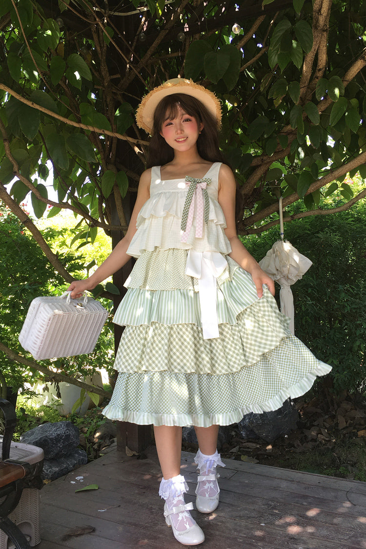 Green Go To The Forest Multi-Layered Print Ruffle Holiday Sweet Lolita Jsk Dress