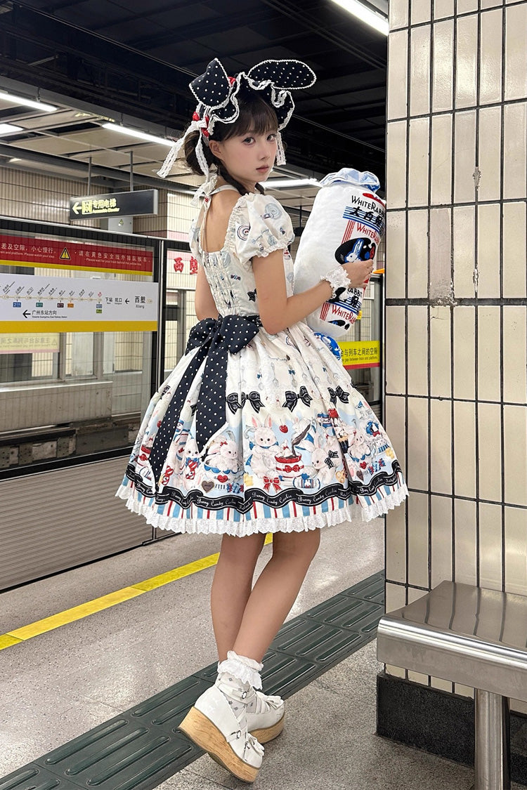 Beige Mystery Rabbit Tea Party Square Collar Short Sleeves Print Ruffle Bowknot Lace Sweet Lolita Dress