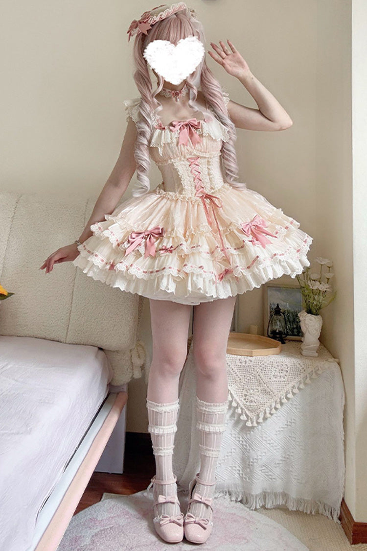 Apricot Flory Butterfly Double-Layered Ruffle Bowknot Lace Lace-Up Sweet Ballet Lolita Jsk Dress