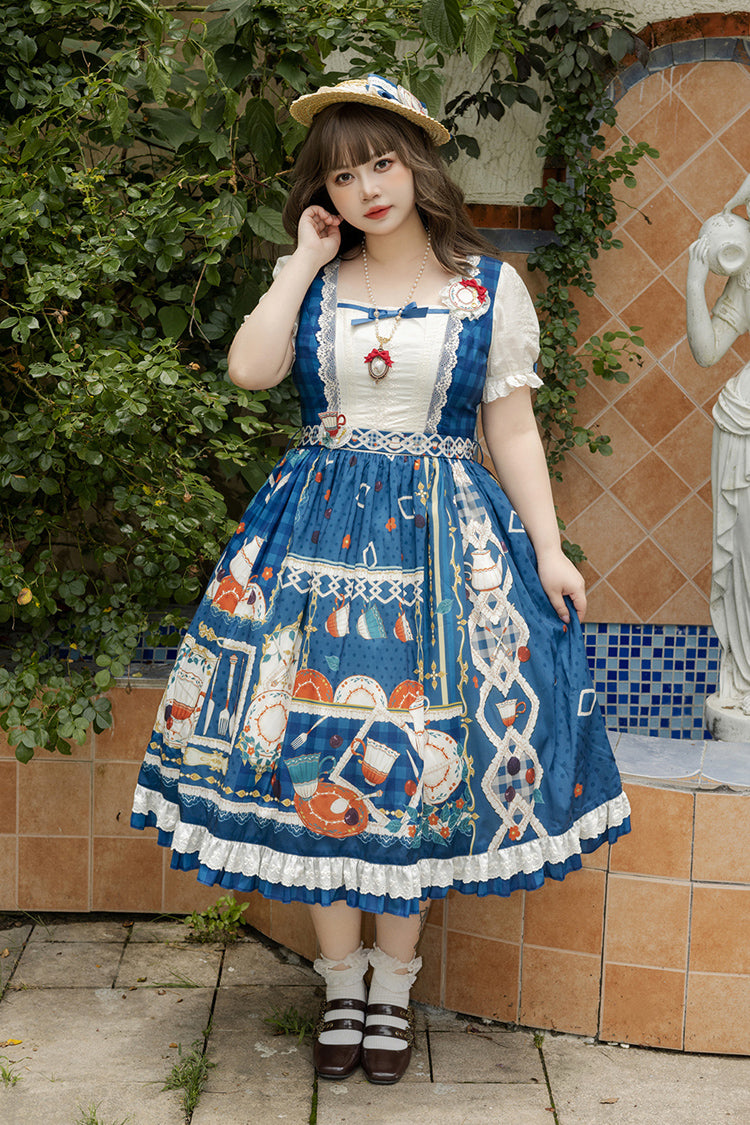 Dark Blue Tea Party Short Sleeves Print Ruffle Bowknot Lace Sweet Elegant Lolita Dress
