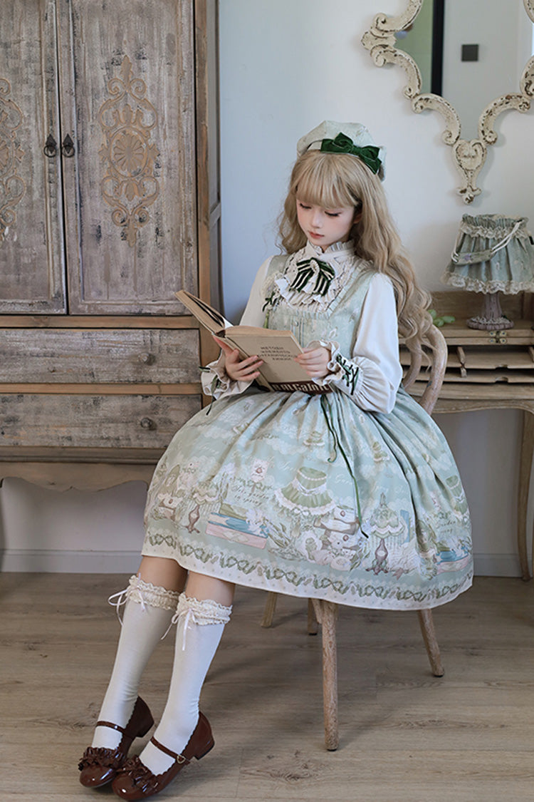 Iris Study Square Collar Print Bowknot Lace-Up Sweet Lolita Jumper Dress 2 Colors