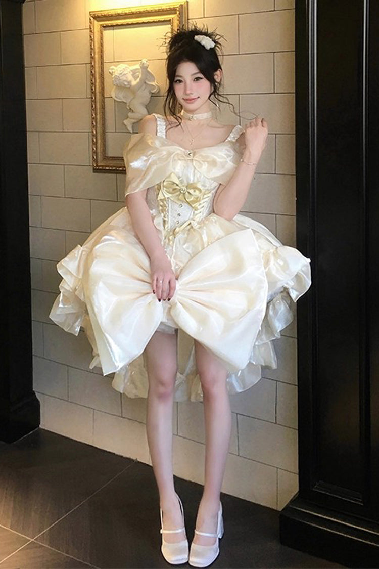 Gold Proxima Centauri Off Shoulder Ruffle Bowknot Sweet Princess Lolita Dress