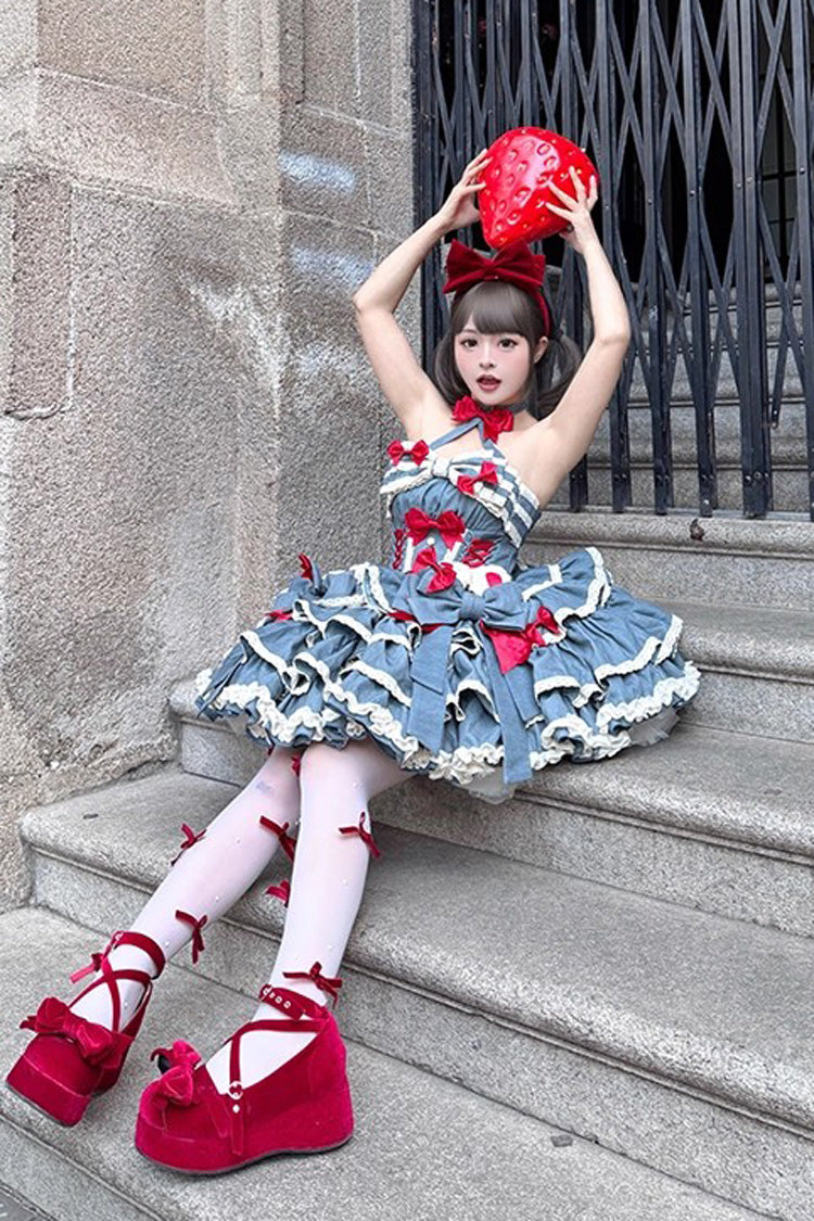 Blue Milk Rabbit Theater Halterneck Sleeveless Triple-Layered Ruffle Bowknot Lace-Up Sweet Lolita Jsk Dress
