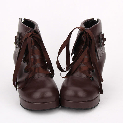 Brown Lace Up High Heel Classic Lolita Short Boots