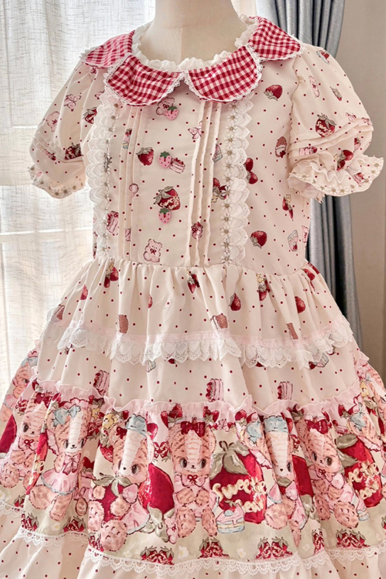 Ivory Bear Strawberry Ode Print Short Sleeves Double-Layered Ruffle Bowknot Sweet Princess Lolita Jsk Dress