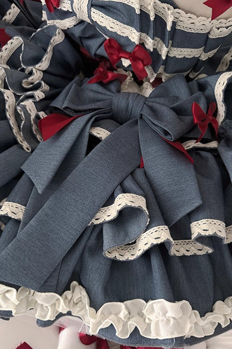 Blue Milk Rabbit Theater Halterneck Sleeveless Triple-Layered Ruffle Bowknot Lace-Up Sweet Lolita Jsk Dress