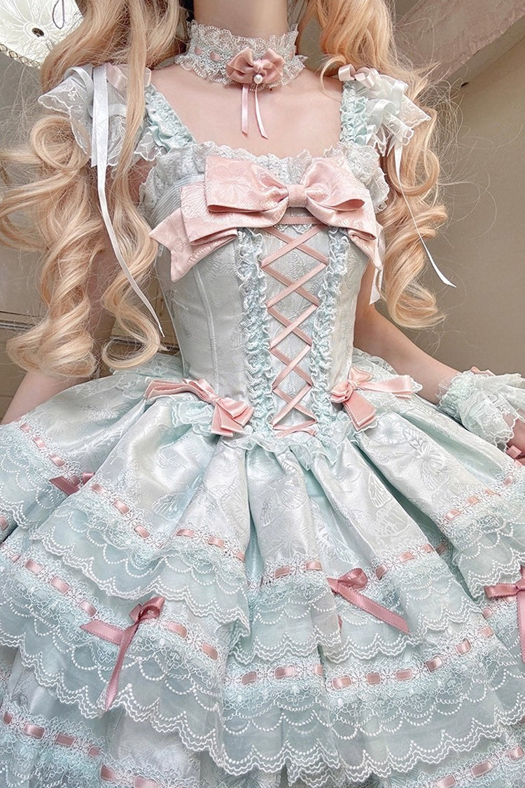 Green Flora Isle Butterfly Sleeveless Ruffle Bowknot Lace Lace-Up Sweet Elegant Lolita Jsk Dress