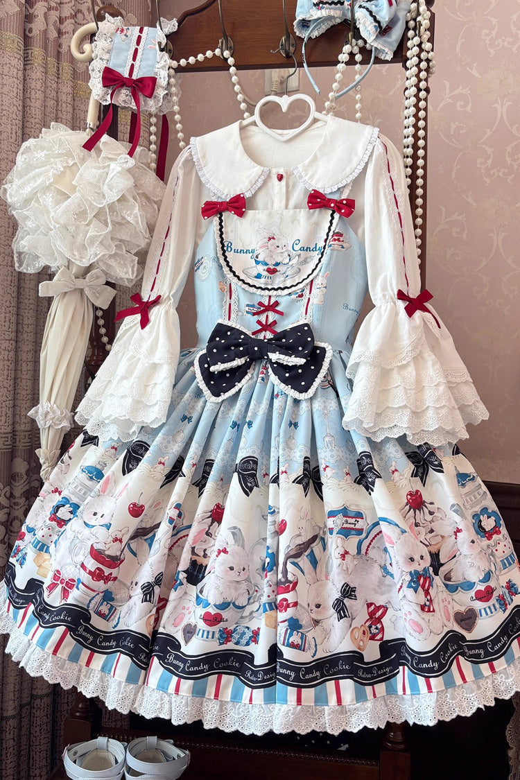 Blue Mystery Rabbit Tea Party Sleeveless Print Ruffle Bowknot Lace Sweet Lolita Jsk Dress
