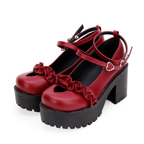 Round Toe Hollow Out Heart Shape Ruffle School Sweet Lolita Shoes