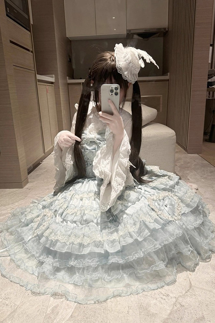 Blue Sweetheart Diary Multi-Layered Ruffle Hanayome Embroidery Bowknot Lace Sweet Lolita Jsk Dress