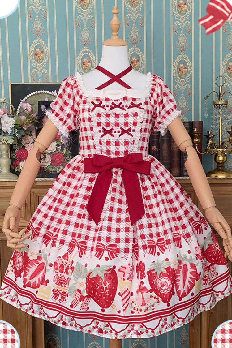 Red Short Sleeves Strawberry Plaid Print Bowknot Sweet Plus Size Princess Lolita Dress
