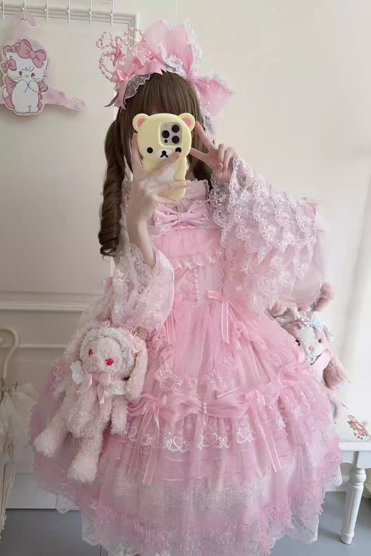 Pink Sugar Heart Knot Multi-Layered Ruffled Bow Lace Sweet Lolita Jsk Dress