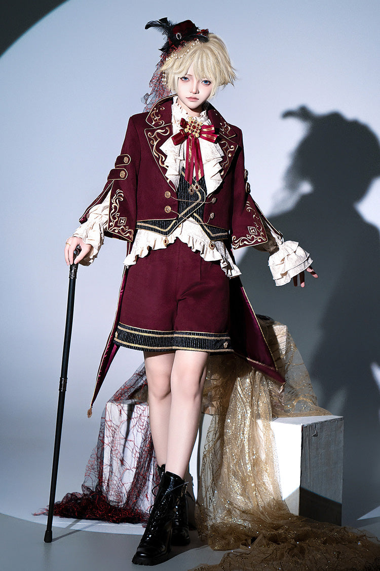 Red Royal Heir Embroidery Classic Military Gorgeous Handsome Ouji Lolita Coat Blouse Shorts Set