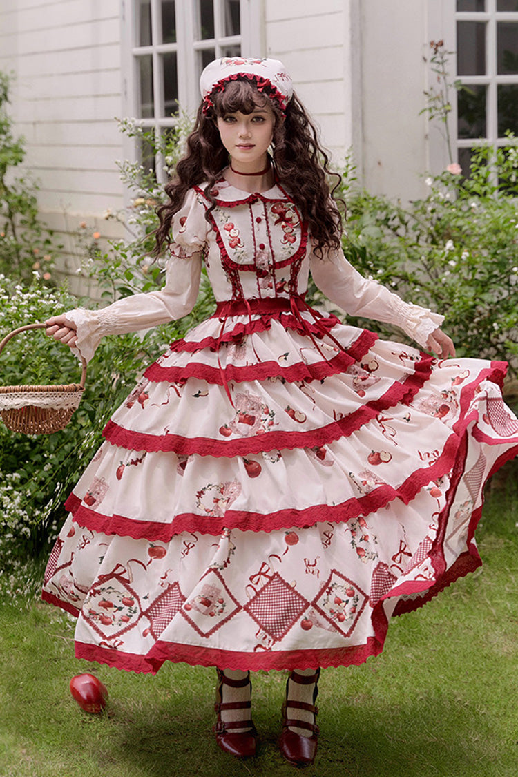 Red/Beige Triple-Layered Apple Orchard Print Ruffle Embroidery Sweet Lolita Long Skirt