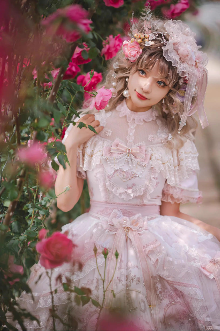 White/Pink Realm of Sunset Short Sleeves Printed Ruffled Hanayome Bow Lace Gorgeous Sweet Lolita Dress Set