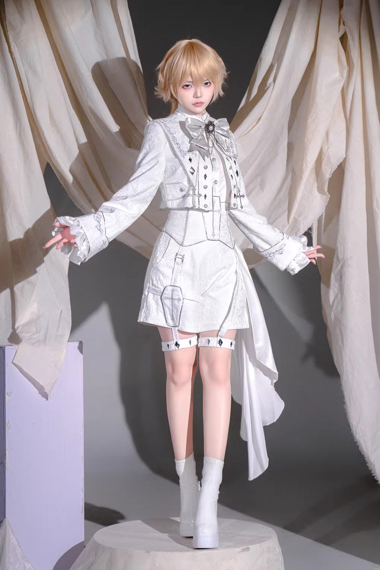 White Silver-White Sacred Pact Bow Asymmetric Gothic Prince Palace Ouji Lolita Shorts Coat Four-Piece Set