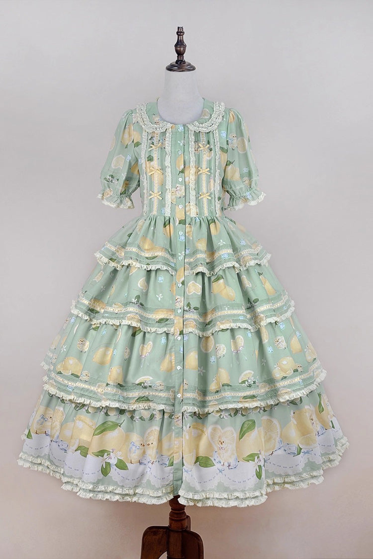 Green Lemon Chicken Short Sleeves Triple-Layered Print Ruffle Bowknot Lace Sweet Gorgeous Lolita Dress