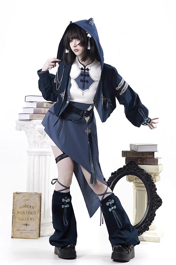 Blue Indigo Shadow Journey Stand Collar Long Sleeves Embroidered Hooded Asymmetric Punk Ouji Lolita Dress Four-Piece Set