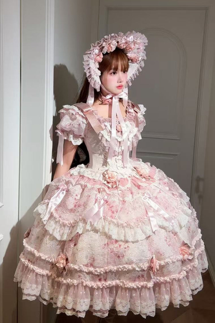 Pink Rose Manor Short Puff Sleeves Ruffle Bowknot Lace Sweet Japanese Princess Lolita Dress