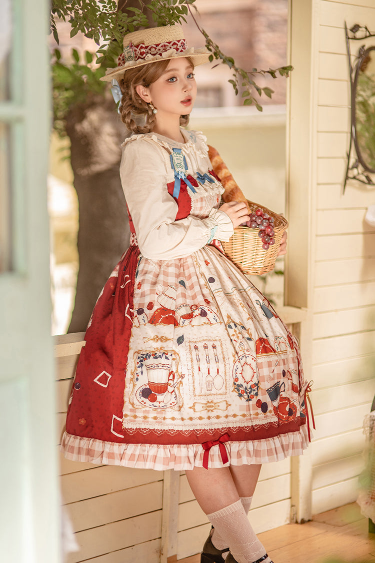 Red Tea Party Print Ruffle Bowknot Lace Sweet Elegant Lolita Jsk Dress