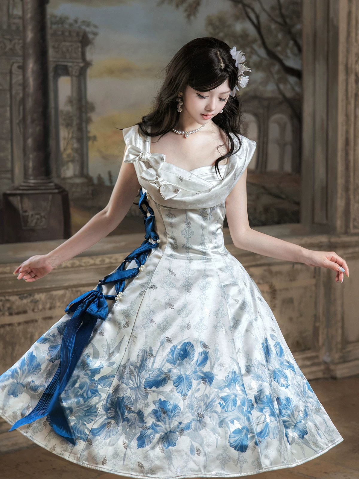 Blue Floral Print Sleeveless Drape Collar Side Lace-Up Bow Sweet Princess Vintage Lolita Dress