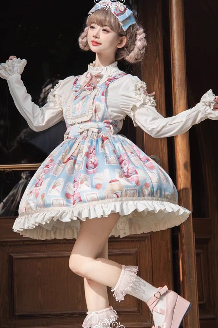 Light Blue Letter from Showa Rabbit and letter Print Ruffle Bowknot Sweet Princess Lolita Strap Dress